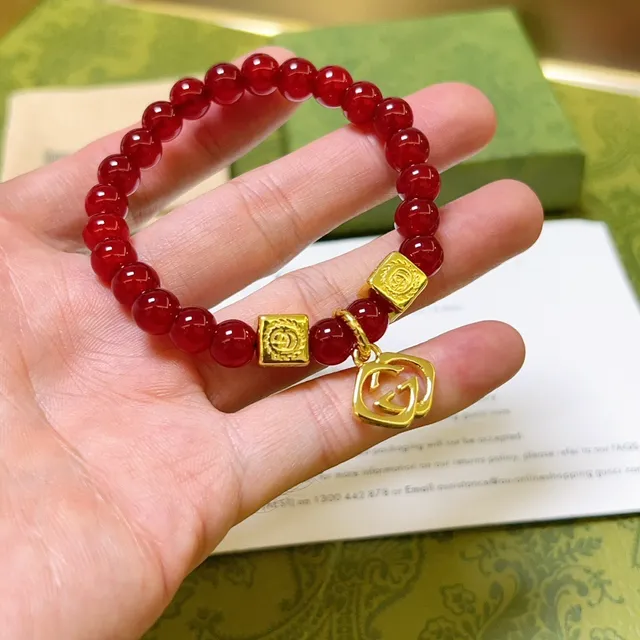 Gucci Red Gold Beaded Square Charms Bracelet 7