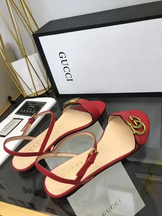 Gucci Red Gold Leather Thin Ankle Strap Gladiator Sandals 3