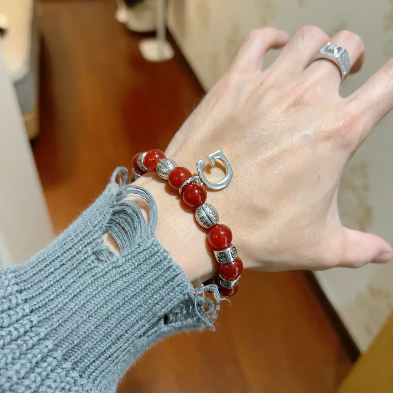 Gucci Red Silver Beaded Interlocking G Motifs Bracelet 3