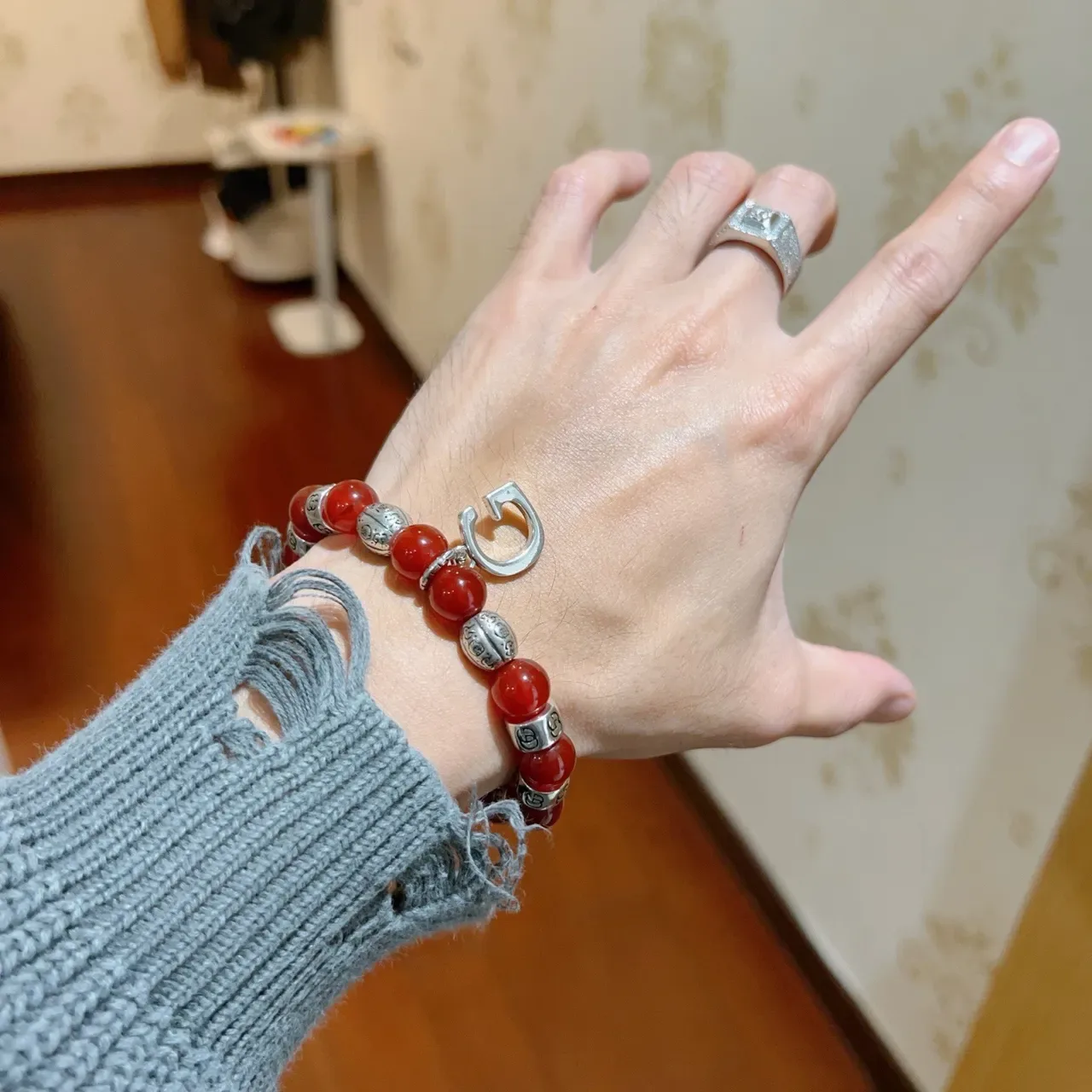 Gucci Red Silver Beaded Interlocking G Motifs Bracelet 5