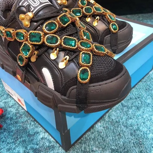 Gucci Rhyton 黑色绿色 无带 带子构造 祖母绿宝石装饰 厚底运动鞋 2