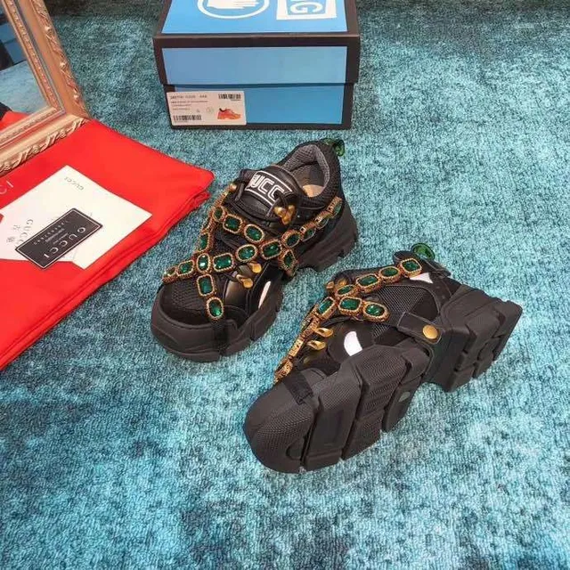 Gucci Rhyton 黑色绿色 无带 带子构造 祖母绿宝石装饰 厚底运动鞋 5