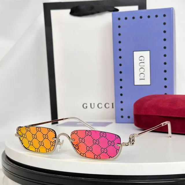 Gucci Screener Dourado Rosa Retangular Sem Aro Marrom Gradiente Óculos de Sol 3