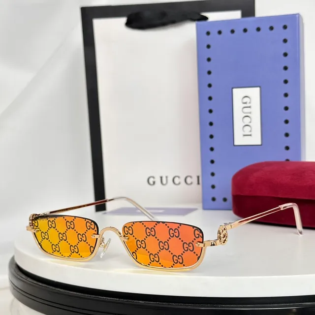Gucci Screener Dourado Rosa Retangular Sem Aro Marrom Gradiente Óculos de Sol 4