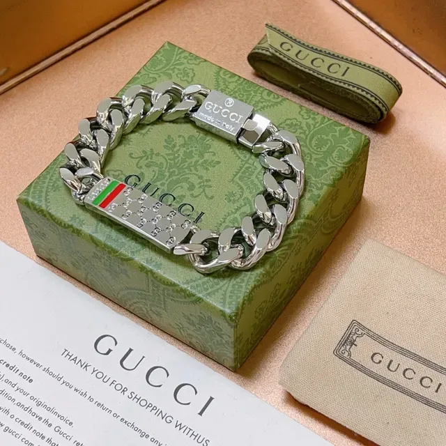 Gucci Silver Green Chunky Curb Chain Metallic Bracelet 7