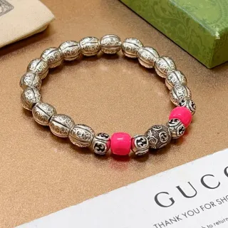 Gucci Silver Pink Ornate Engraved Beads Interlocking G Motifs Bracelet