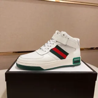 Gucci 白绿高帮皮革和帆布面料生活方式运动鞋