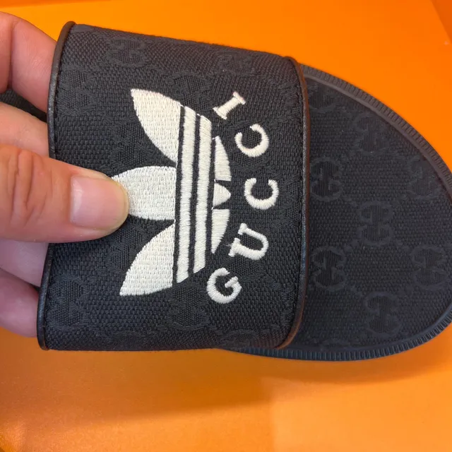 Gucci x Adidas Slide Black Monogrammed Strap Slippers 7