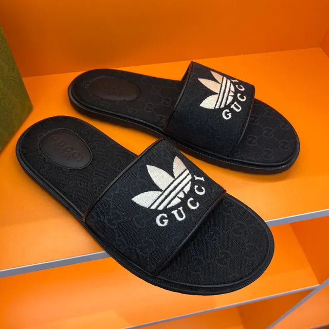Gucci x Adidas Slide Black Monogrammed Strap Slippers 8
