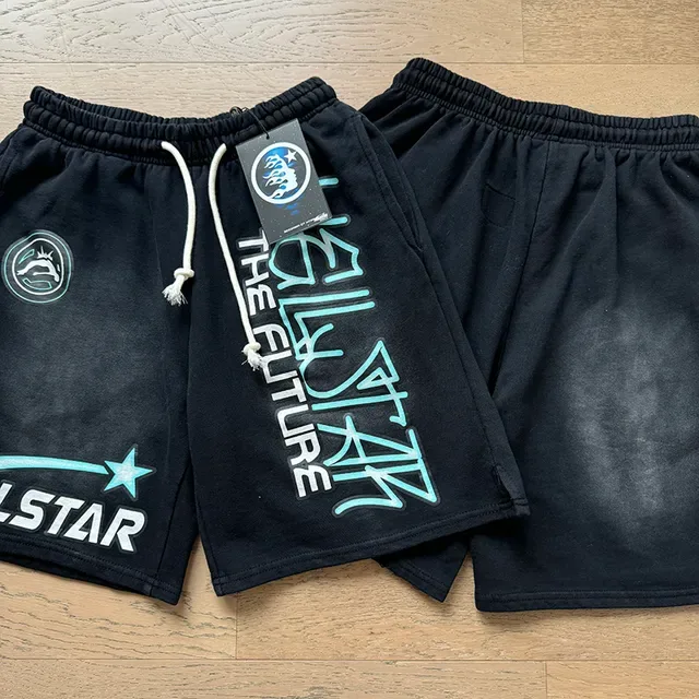 Shorts Hellstar Navy com impressão gráfica 7