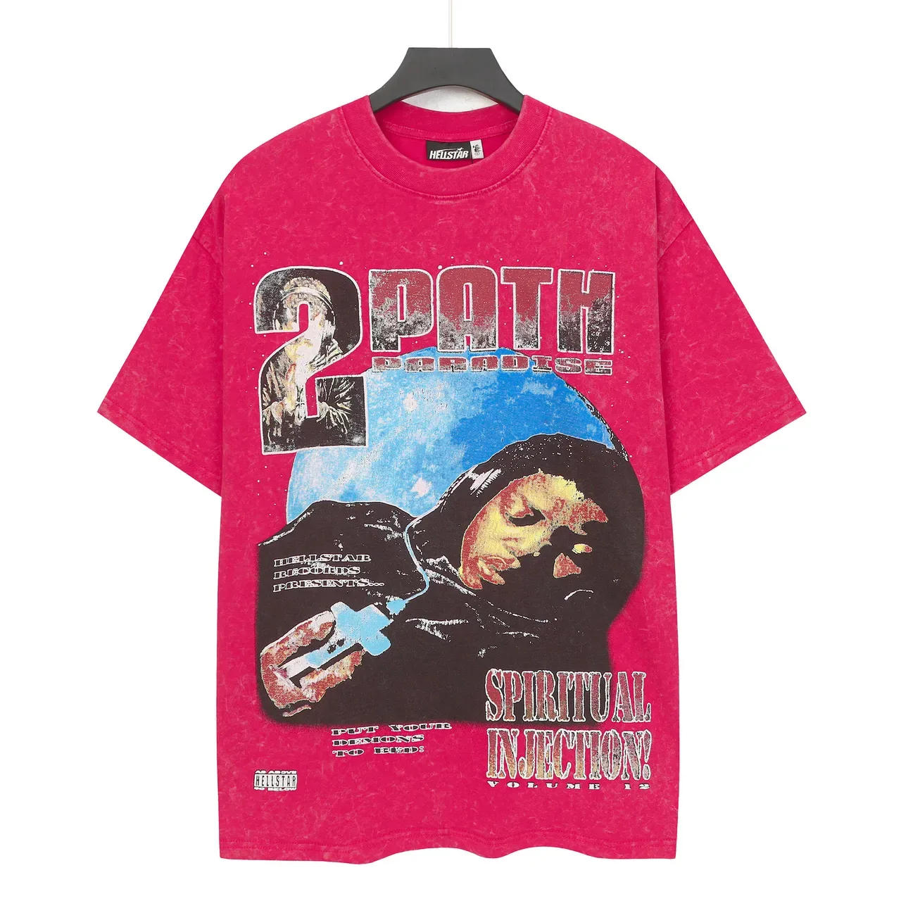 Camiseta Hellstar rosa y negra de corte oversized con acabado desgastado acid wash 2