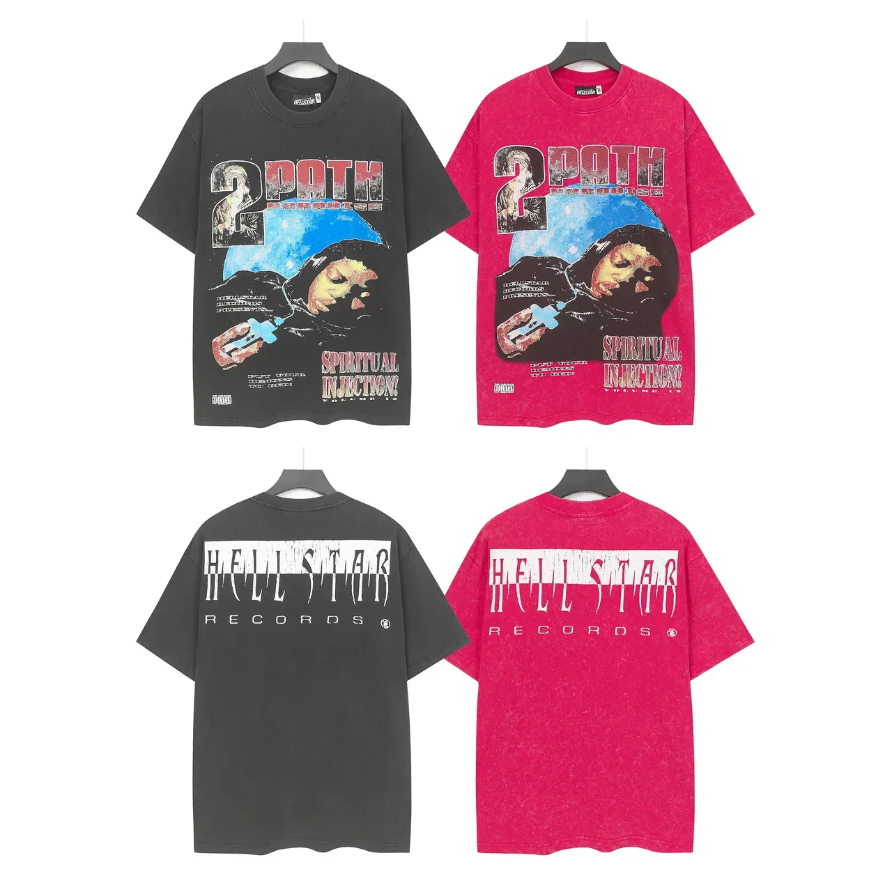 Camiseta Hellstar rosa y negra de corte oversized con acabado desgastado acid wash 4