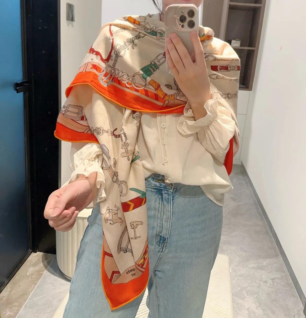Hermès Attelage Beige Orange Equestrian Hardware Print Cream Base Silk Scarf 2