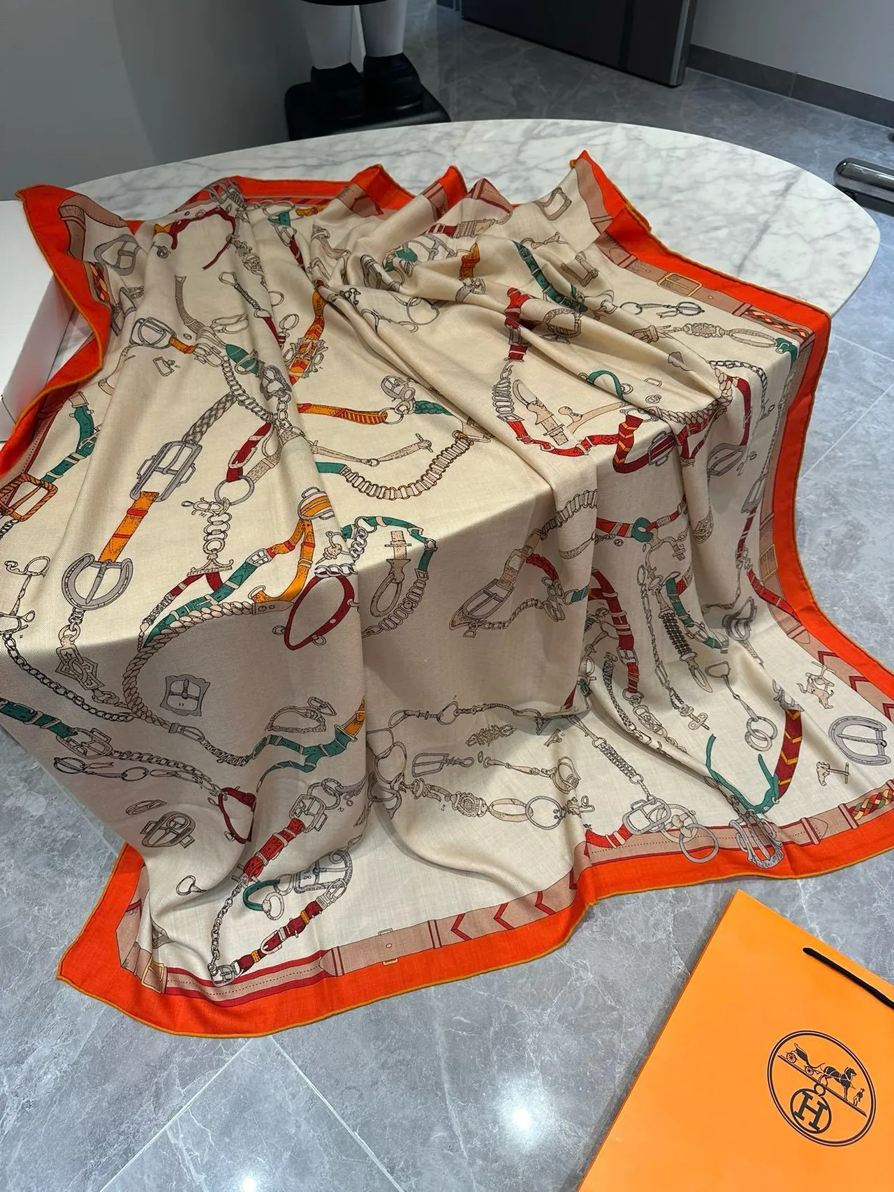 Hermès Attelage Beige Orange Equestrian Hardware Print Cream Base Silk Scarf 4