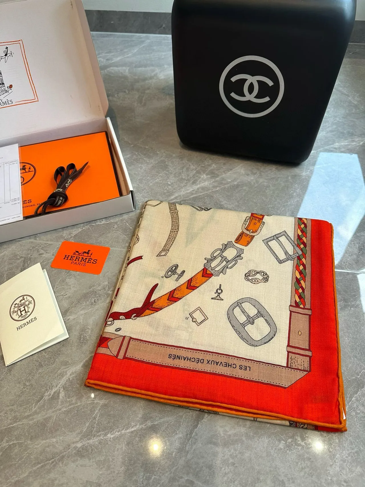 Hermès Attelage Beige Orange Equestrian Hardware Print Cream Base Silk Scarf 5