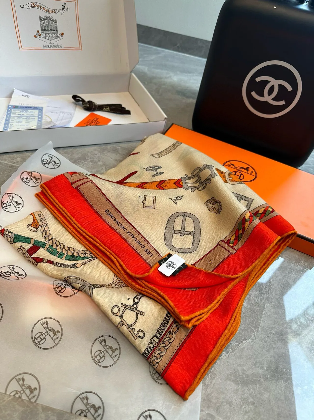 Hermès Attelage Beige Orange Equestrian Hardware Print Cream Base Silk Scarf 6