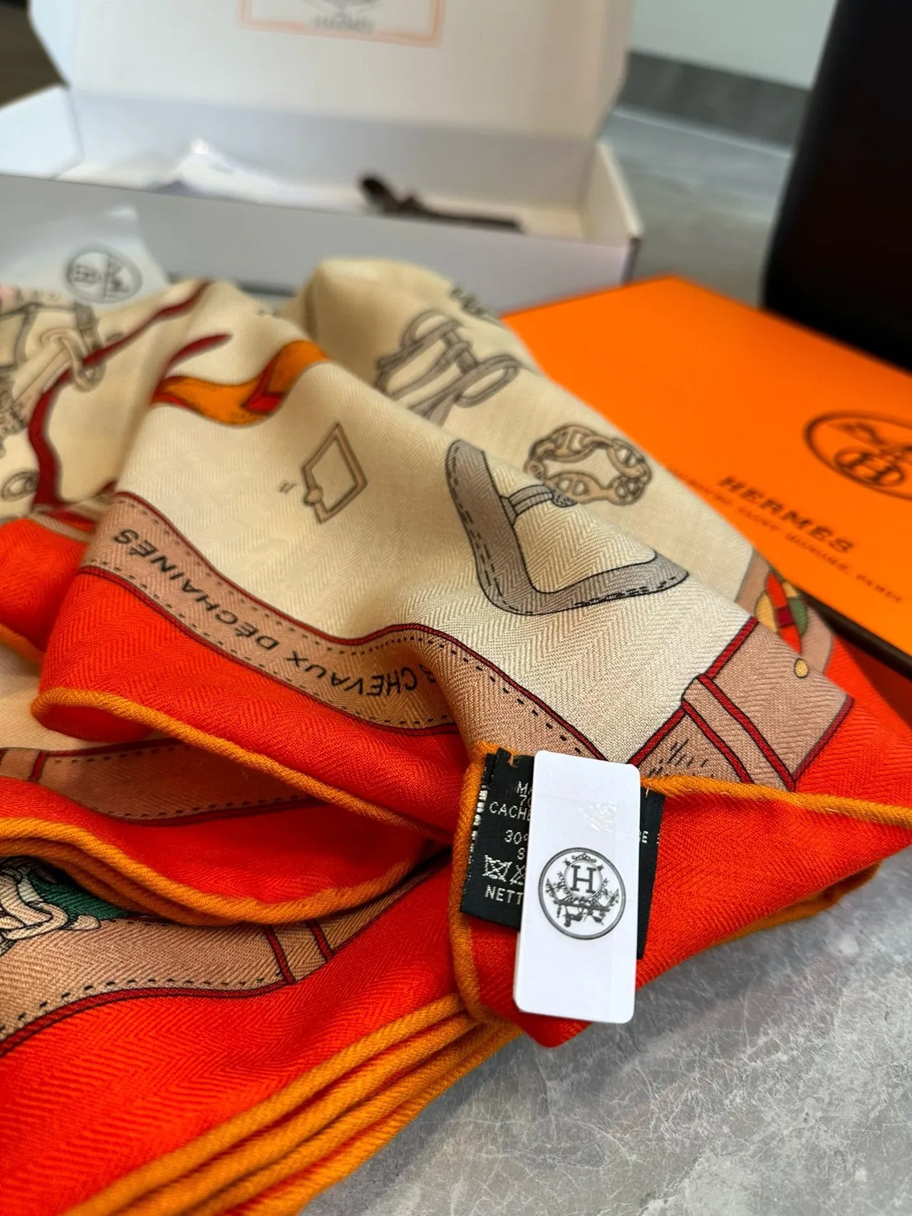 Hermès Attelage Beige Orange Equestrian Hardware Print Cream Base Silk Scarf 7