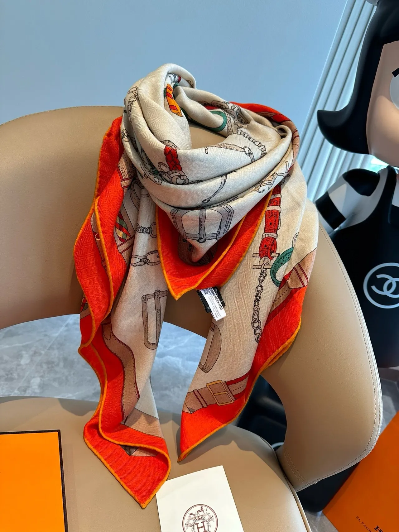 Hermès Attelage Beige Orange Equestrian Hardware Print Cream Base Silk Scarf 8