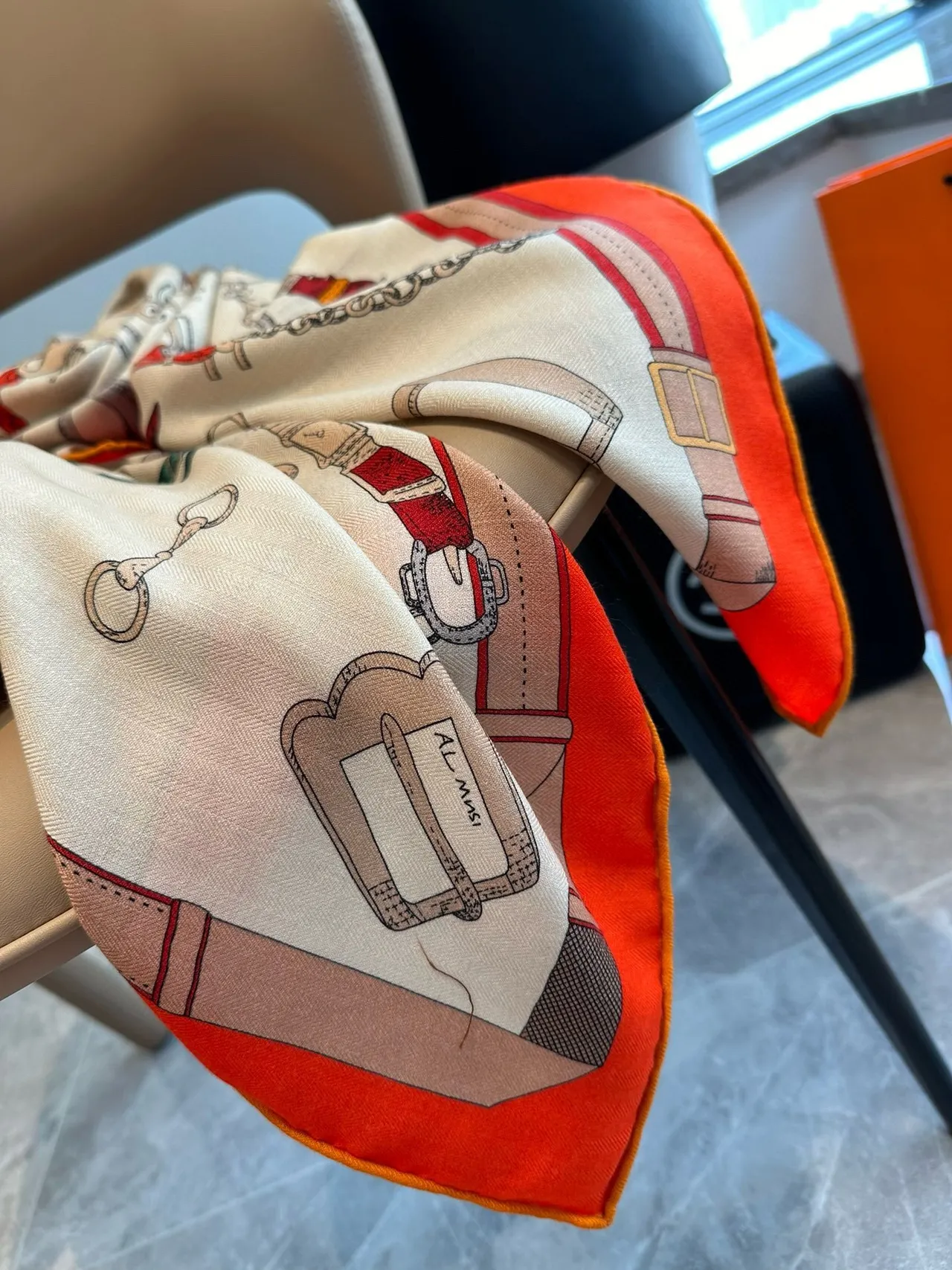 Hermès Attelage Beige Orange Equestrian Hardware Print Cream Base Silk Scarf 9