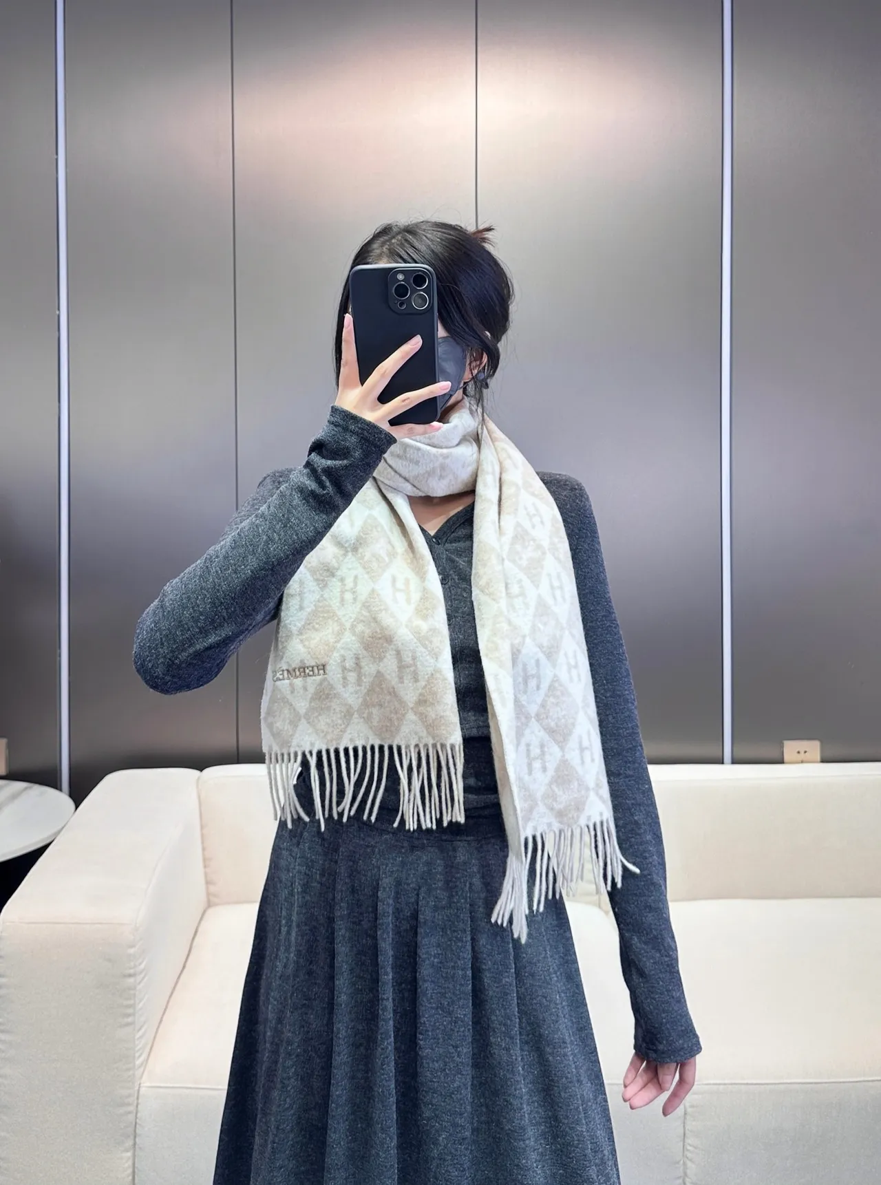 Hermès Beige Brown Geometric Monogram Pattern Fringed Edges Scarve 3