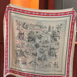 Hermès Beige Red Square Illustrated Maritime Map Silk Scarf