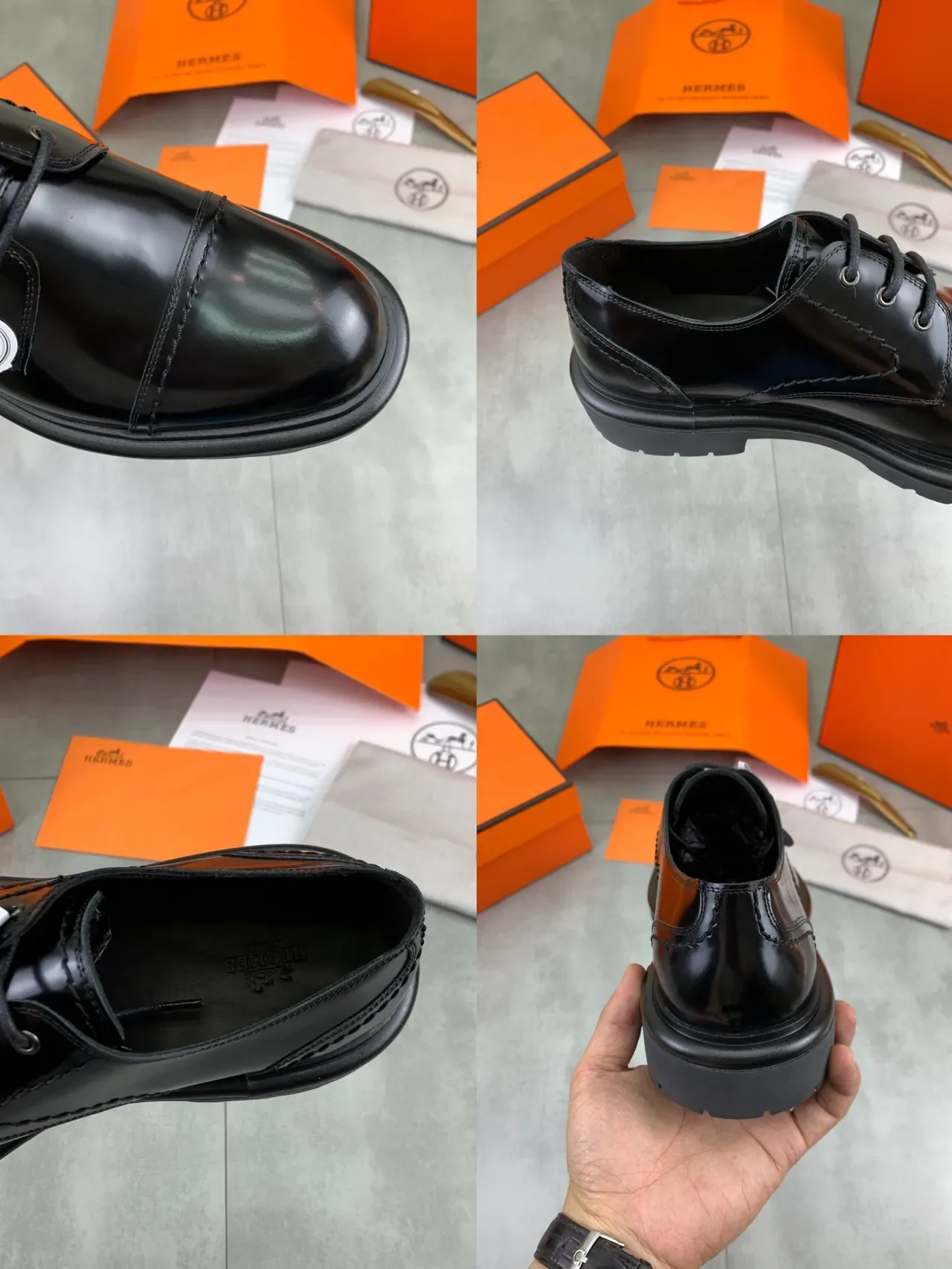 Hermès Chaussures Oxford en Cuir Noir Poli avec Cap-Toe 2