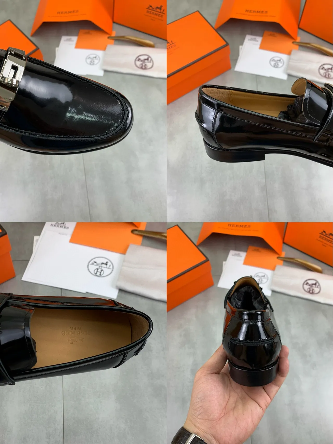 Hermès Moccasin Noir Doré en Cuir Verni avec Bride à Boucle 2
