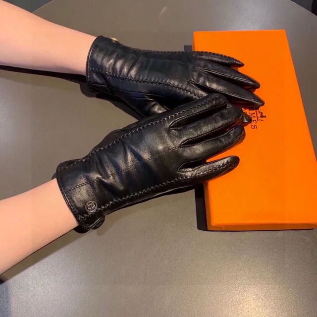 Hermès Guantes de Cuero Negro y Naranja Liso con Costura Contraste Topstitching 3