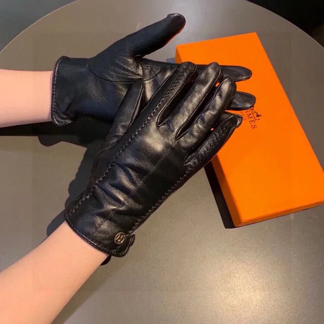 Hermès Guantes de Cuero Negro y Naranja Liso con Costura Contraste Topstitching 4