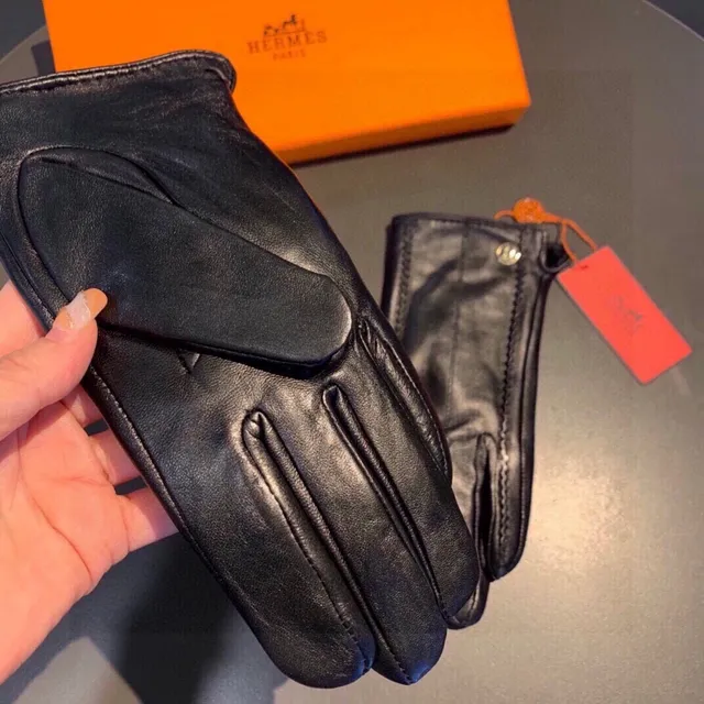 Hermès Guantes de Cuero Negro y Naranja Liso con Costura Contraste Topstitching 5