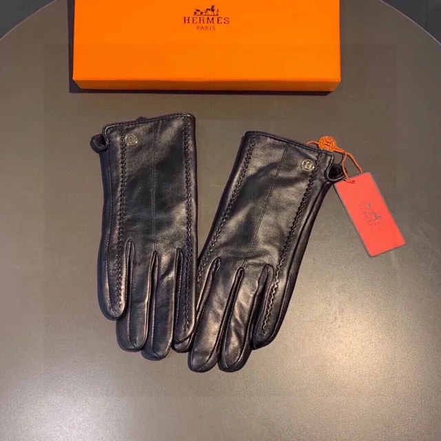 Hermès Guantes de Cuero Negro y Naranja Liso con Costura Contraste Topstitching 8