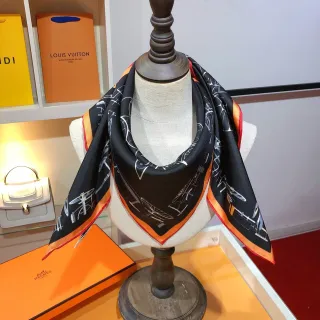 Hermès काला नारंगी सफेद लाइन-आर्ट ग्राफिक्स रेशम स्कार्फ