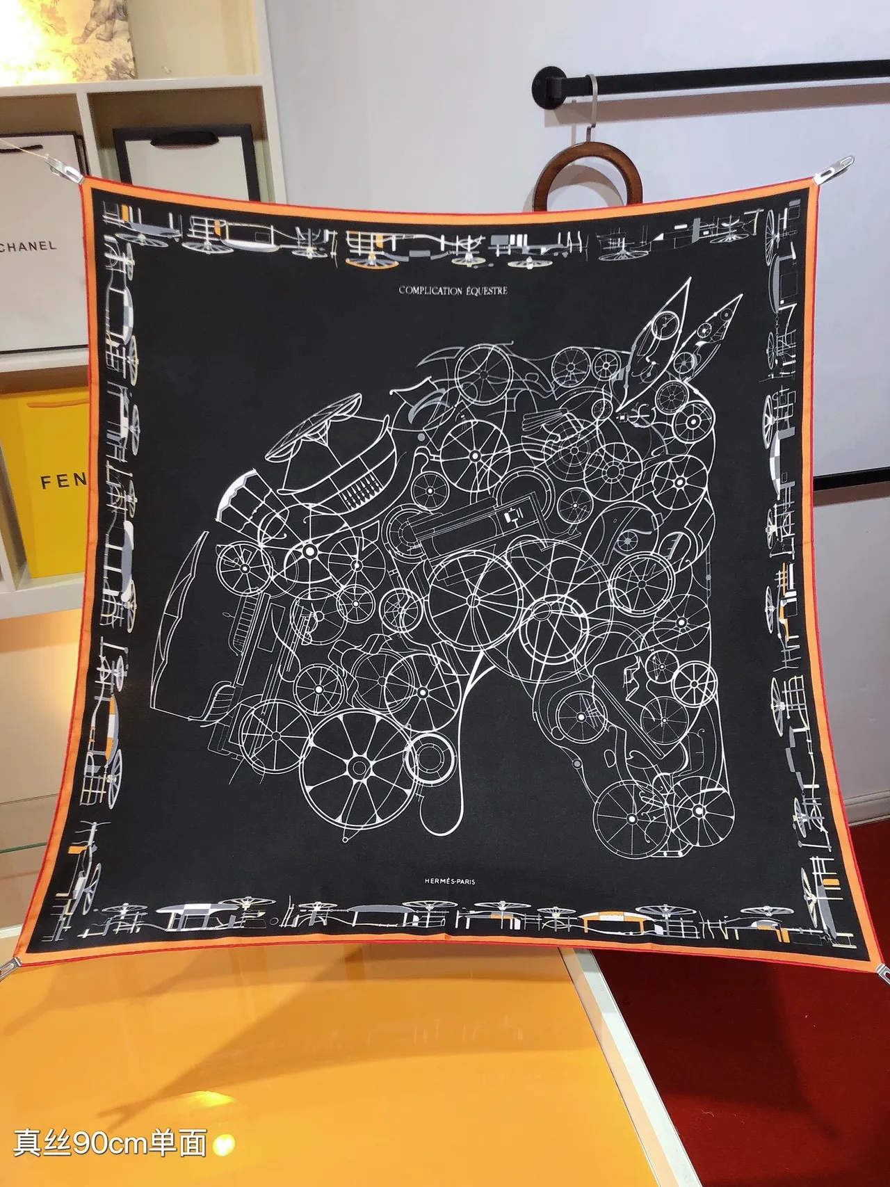 Hermès Black Orange White Line-Art Graphics Silk Scarf 5