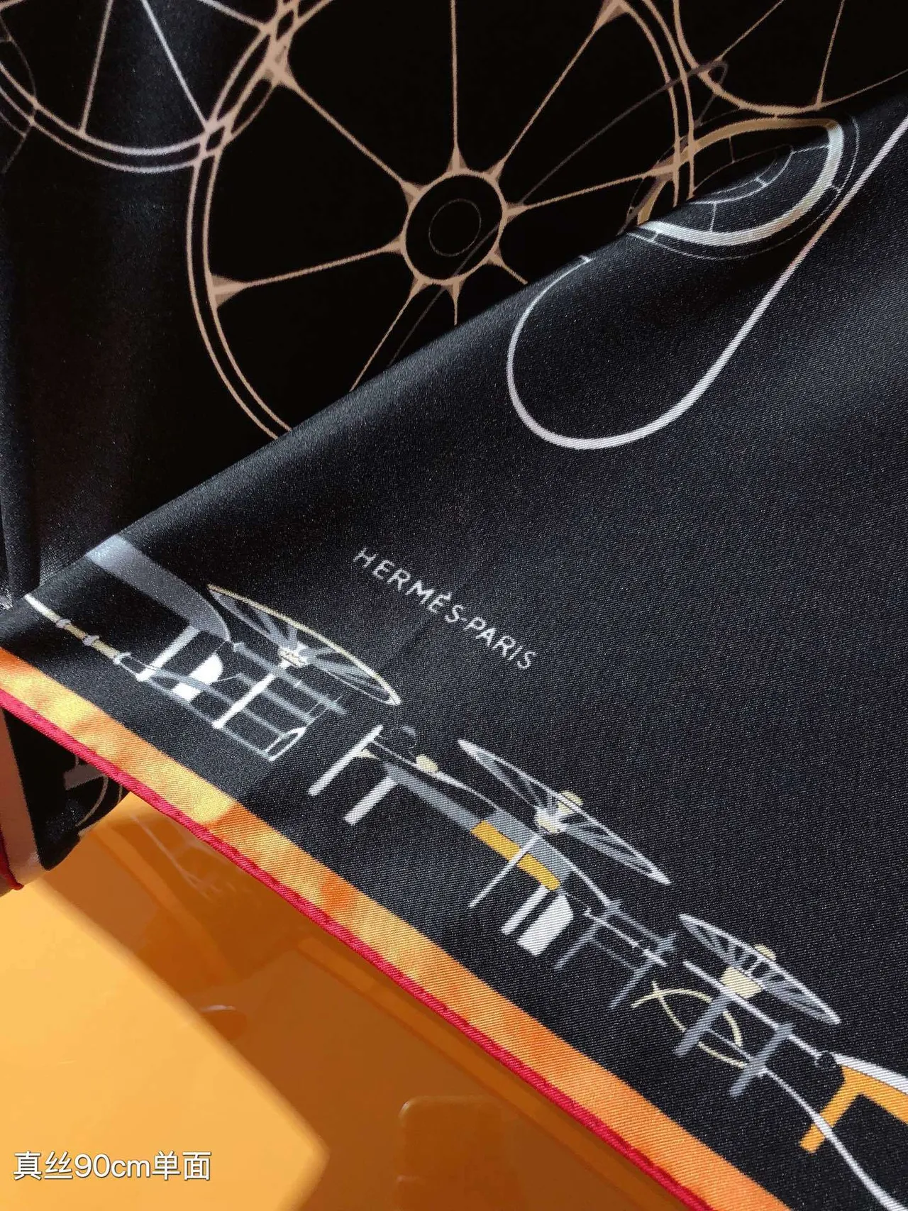 Hermès Black Orange White Line-Art Graphics Silk Scarf 6