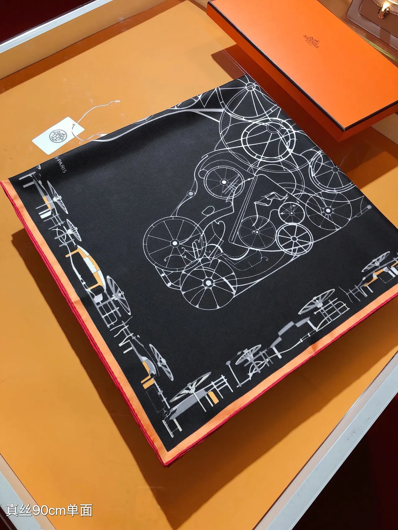 Hermès Black Orange White Line-Art Graphics Silk Scarf 7