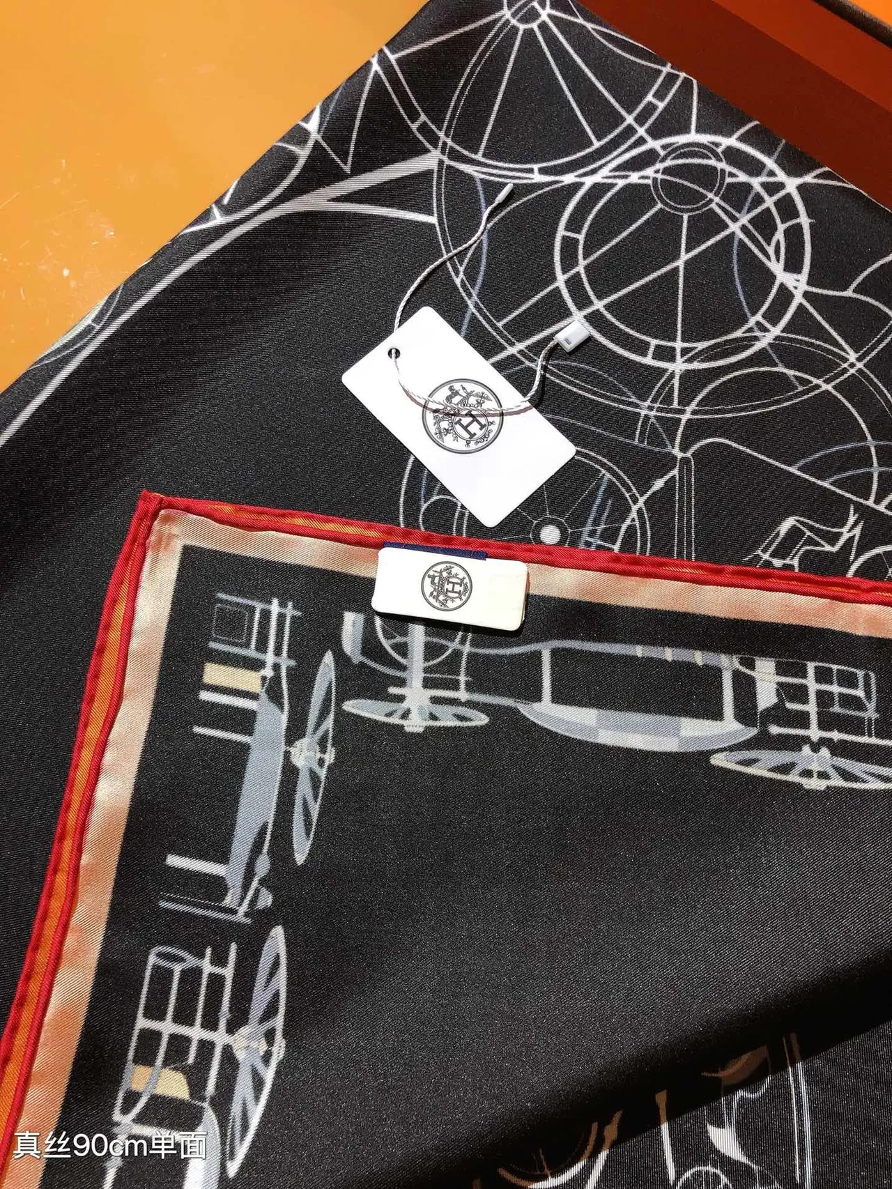 Hermès Black Orange White Line-Art Graphics Silk Scarf 8