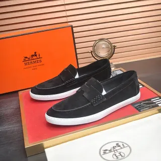 Hermès 黑白麂皮橡胶底乐福鞋