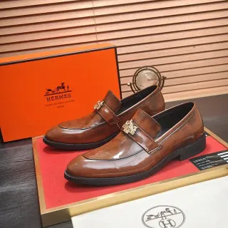Hermès 棕金 抛光皮革 双色拼接 乐福鞋