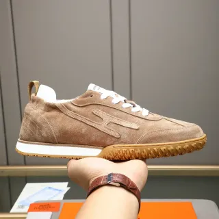 Hermès بني أبيض جلد سويد أعلى كعب مطاط سنیکرز
