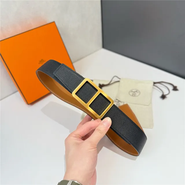 Hermès Double H Buckle Beige Orange Grained Leather Belt 14