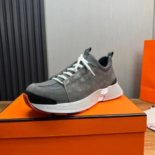 Hermès Gray Orange Suede Upper White Laces Sneakers