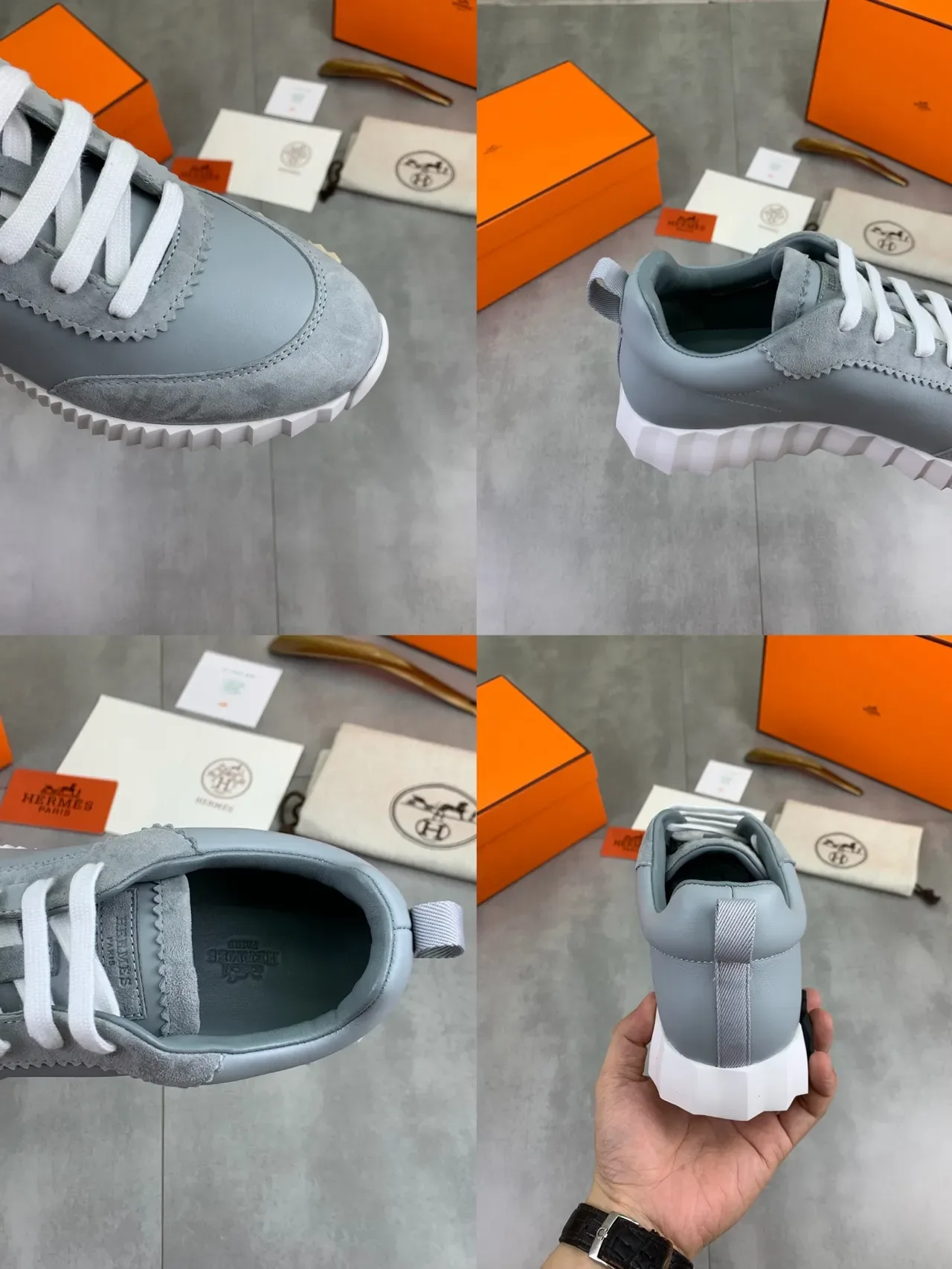 Hermès Gris Blanco Ante-Cuero Híbrido Cordones Planos Sneakers Lifestyle 2