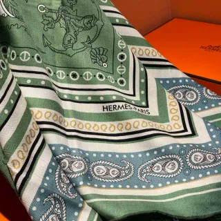Hermès हरा नीला मुद्रित लंगर-डोल्फिन मोटिफ पैस्ले बॉर्डर सिल्क स्कार्फ