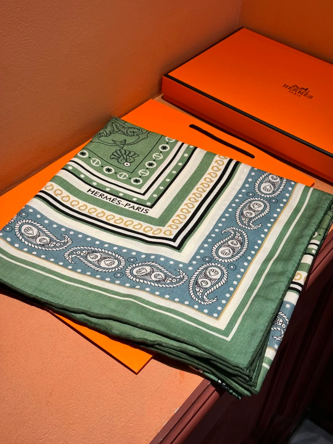 Hermès Bufanda de seda verde y azul estampada con motivo de ancla y delfín, borde de paisley 6