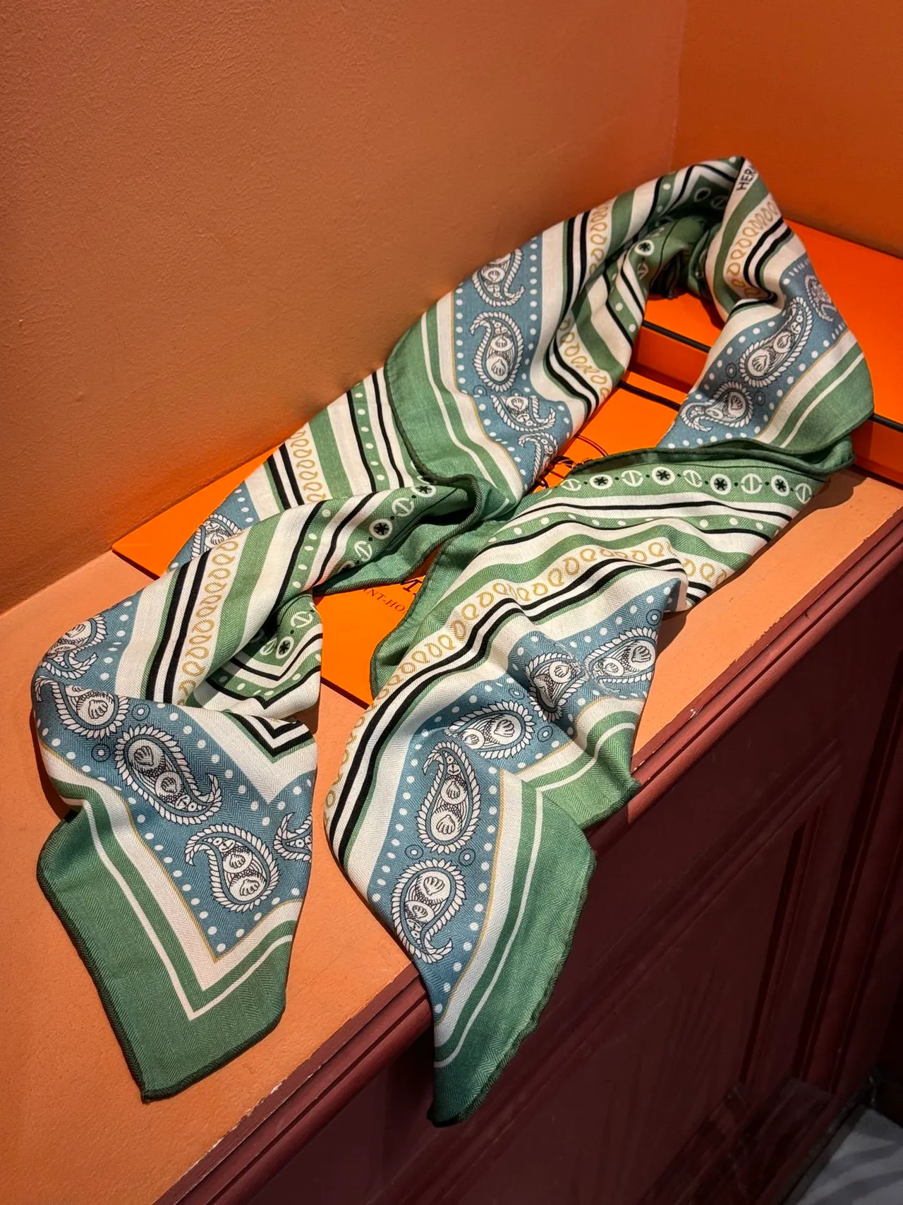 Hermès Bufanda de seda verde y azul estampada con motivo de ancla y delfín, borde de paisley 7