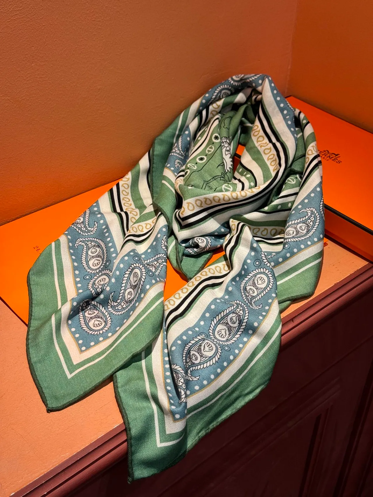 Hermès Bufanda de seda verde y azul estampada con motivo de ancla y delfín, borde de paisley 8