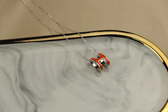 Hermès H Collection Collier émail orange ton argent 3