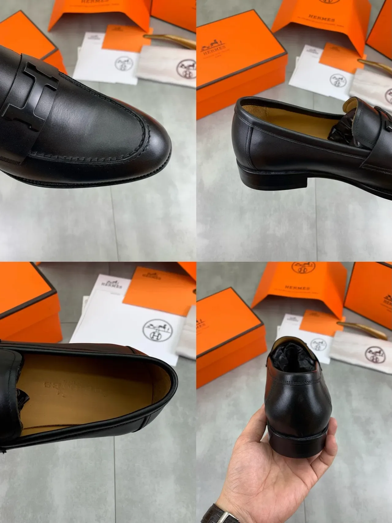 Hermès H Loafer Black Leather Tan Lining Loafers 3