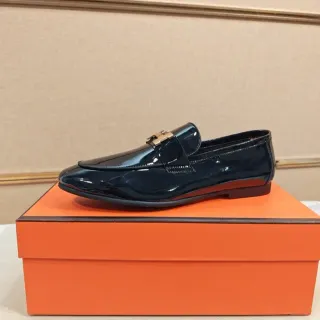 Hermès H-Patent Loafer Navy Blue Patent Leather Horsebit Buckle Loafer