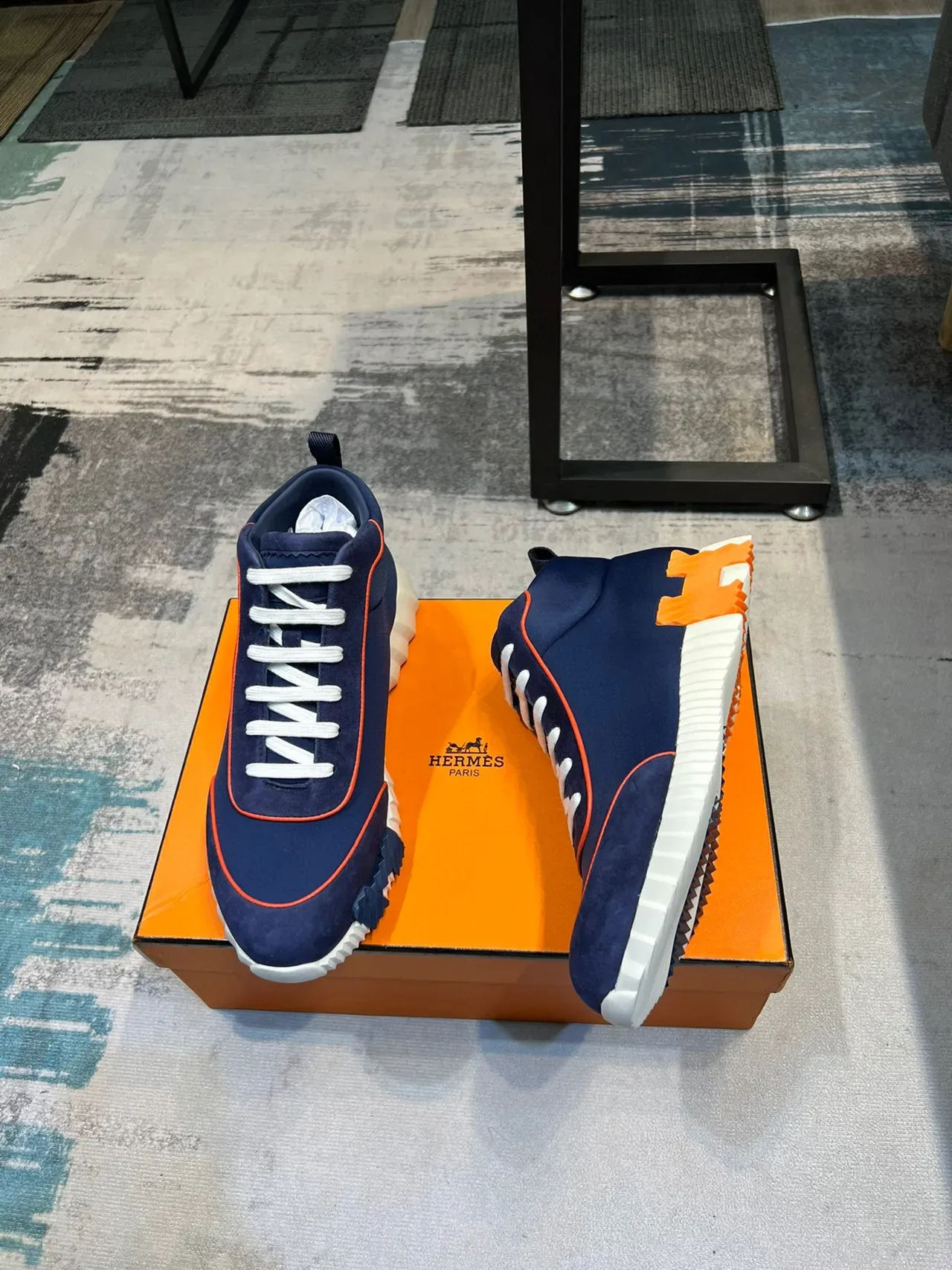 حذاء رياضي Lifestyle Hermès Hiker Navy and Orange High-Top 2